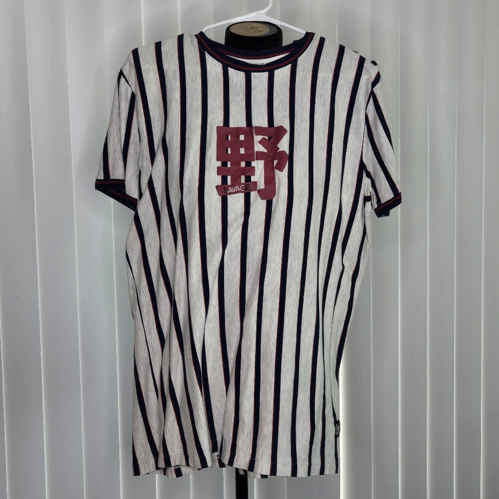 Navy Blue and Burgundy Striped Light Grey T-Shirt With Graphic